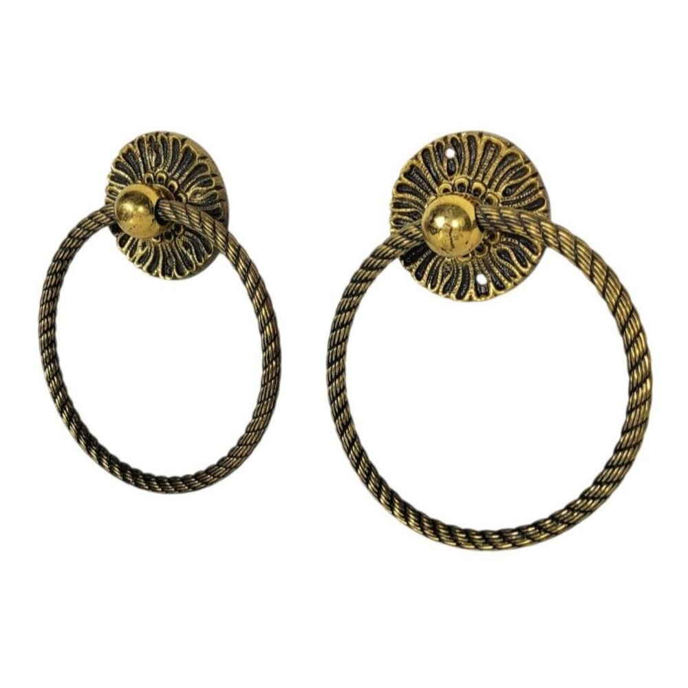 VTG Gold Brass Braided Rope Towel Rings Floral Backplate Wall Mounted Portugal